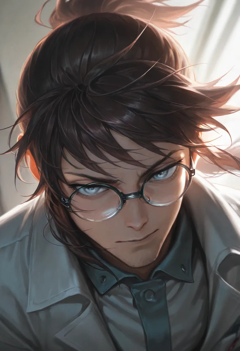 masterpiece, score_9, score_8_above, score_7_above, score_6_above, masterpiece, portrait, 1male, solo, sharp gaze, silver eyes, brown hair, long hair, ponytail, round glasses, scientist outfit,  L0LSPL4SH