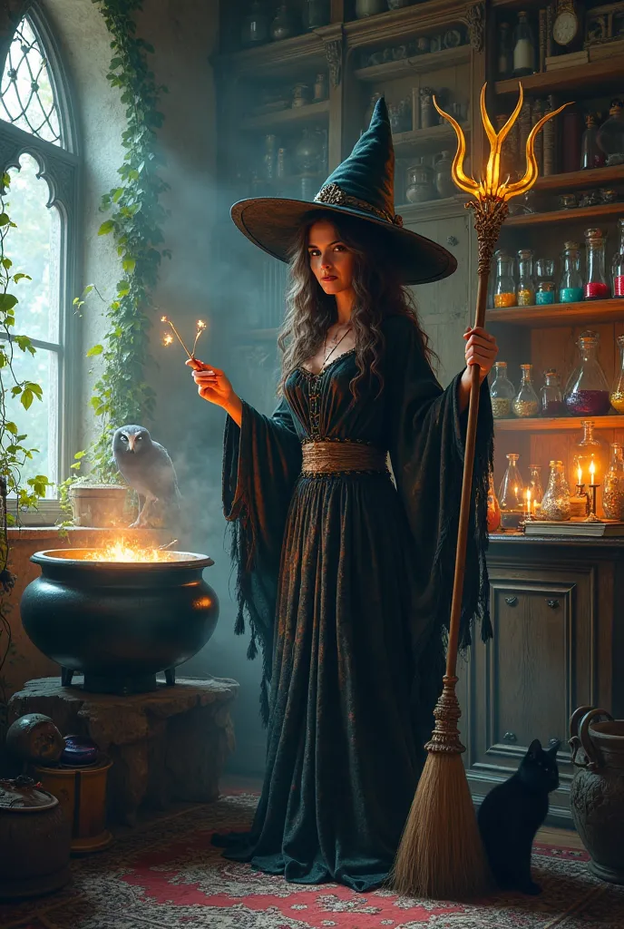 Witch wearing a pointed hat, large cauldron  , broom,  black cat, an owl in a corner with shelves full of concoctions, flasks containing multi-colored substances, plus a shelf with books, room shrouded in a soft mysterious mist, The witch with a large lumi...