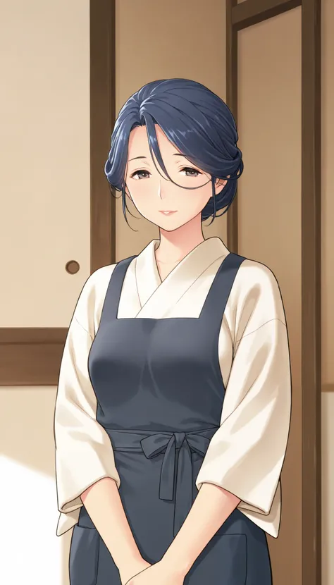 mature woman, housewife, Blue Hair, hair between eyes, chignon hair, The costume of the Japanese inn's wife, Chest, Mature Woman, Soft light, High Precision, best quality, upper body,  small breasts 、Larger clothes、Shipgirl