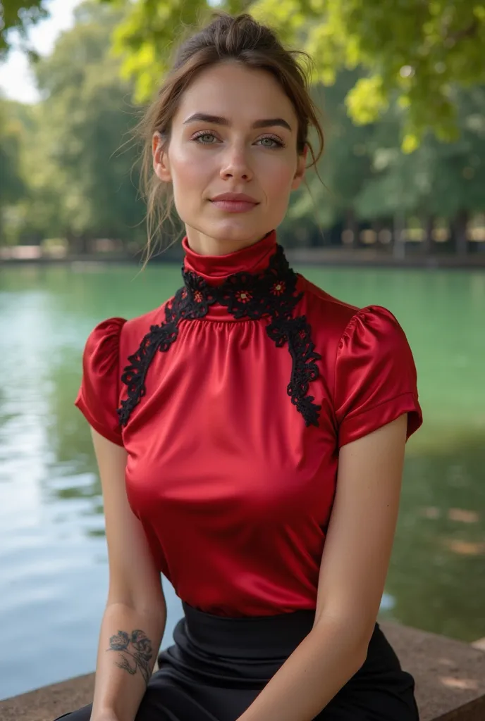 A beautiful woman with an extremely long neck. She wears a short-sleeved red turtleneck made of satin and with black lace details., of a color that highlights her figure. The collar of the garment is high and tight, remaining completely attached to her ski...