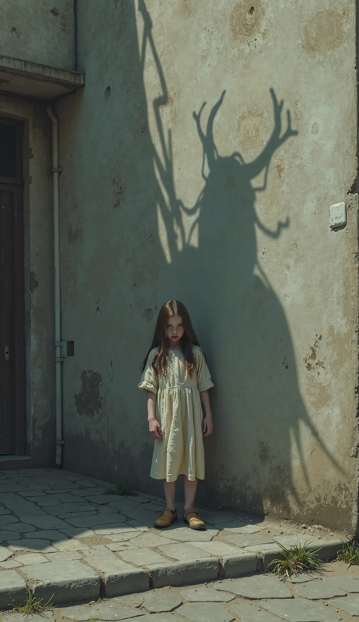 A scary girl stands on a street corner staring at me and a shadow on the wall, shadows are a symbol of beauty, daily life