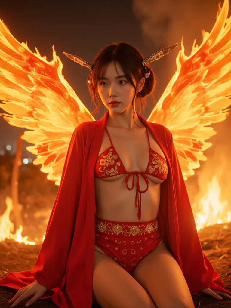 ((Suzaku))、Wings of Fire、Controlling Fire、 Exposing Japanese Clothes、 Gold、Beautiful collarbone、 pretty legs 、Cute girl、magma、volcano、20 years old、woman, cute、super detailed,(((realistic, photo realistic, photo-realistic:1.37))), high definition ,超 high de...