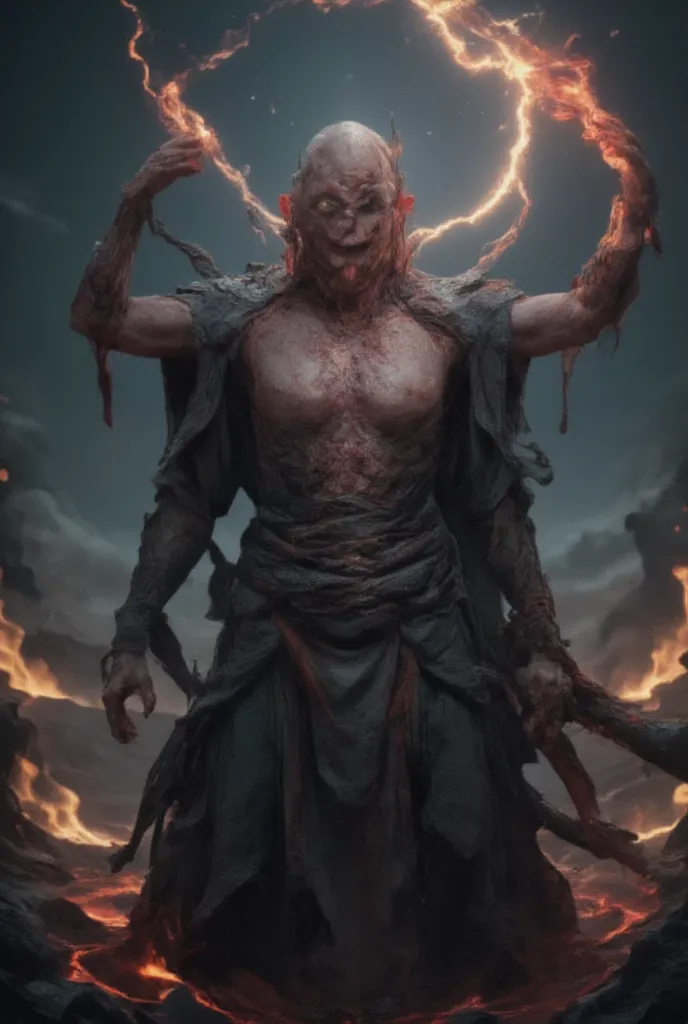 This image depicts the ultra detailed large bald demon cultivator with three heads red skin and a third eye on each head who uses a divine lightning-spear technique wearing traditional chinese clothing and armor made of black and red blood. In the backgrou...