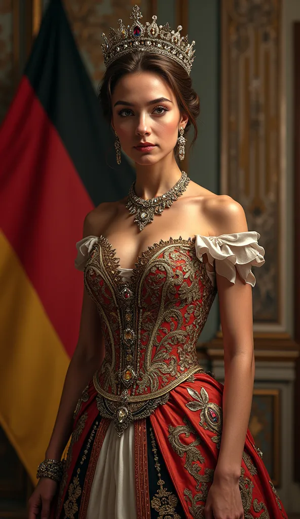 Queen of Germany。Beautiful Germany woman。whole body。Standing in the palace 、Wearing the crown、Wearing a details royal princess dress, jewel, Nacklace, Germany flag in the background. high details dresses, looking at the viewer, 