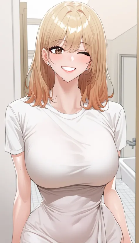 score_9, score_8_arriba, score_7_arriba, score_6_arriba,   source  _anime, rating_explicit, Masterpiece, t-shirt, amazing quality, 1 girl, Alone , Park Dayoung,  by the blond hair, cutout under the mouth, Brown Eyes,  Medium Hair, big breasts , wide hips, ...