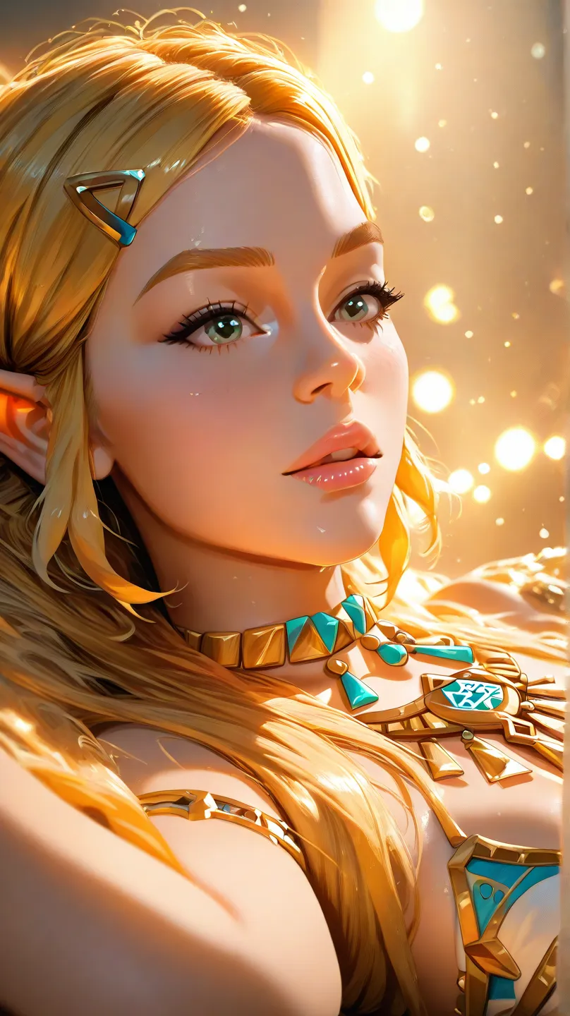 Zelda from Breath of the Wild, sexy, in her outfit from the game but is small and tight, with long golden hair while lying down