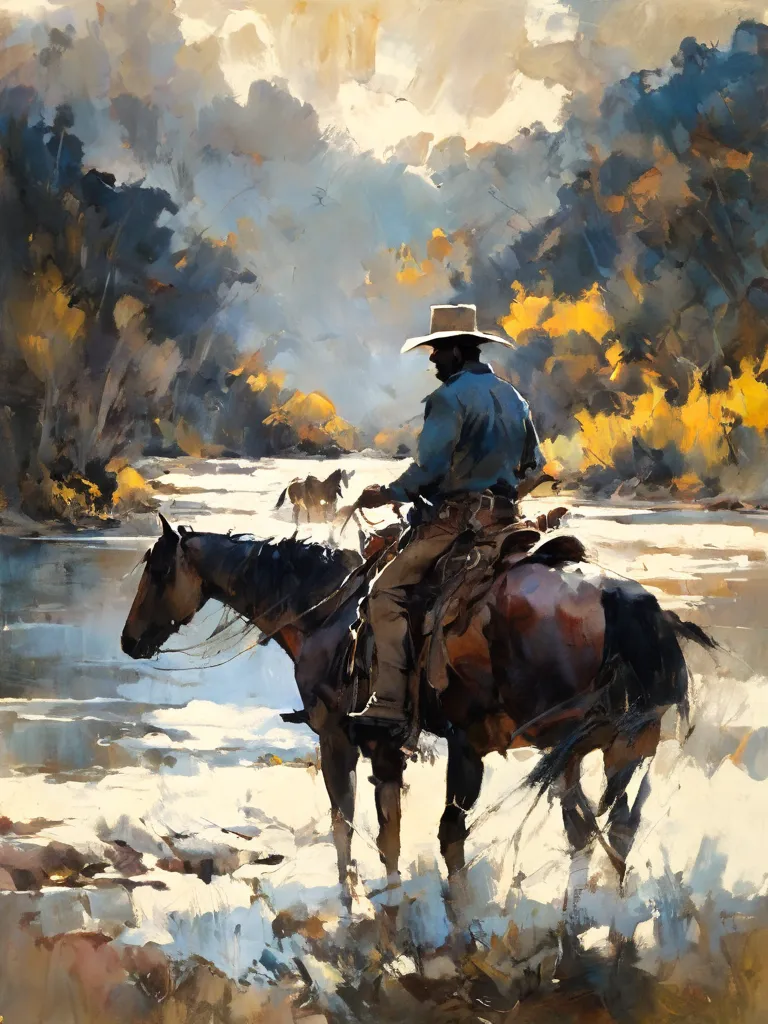 Cowboy on horseback near a river, High resolution,  palette-reffine. tall details , American plane, Action painting, 