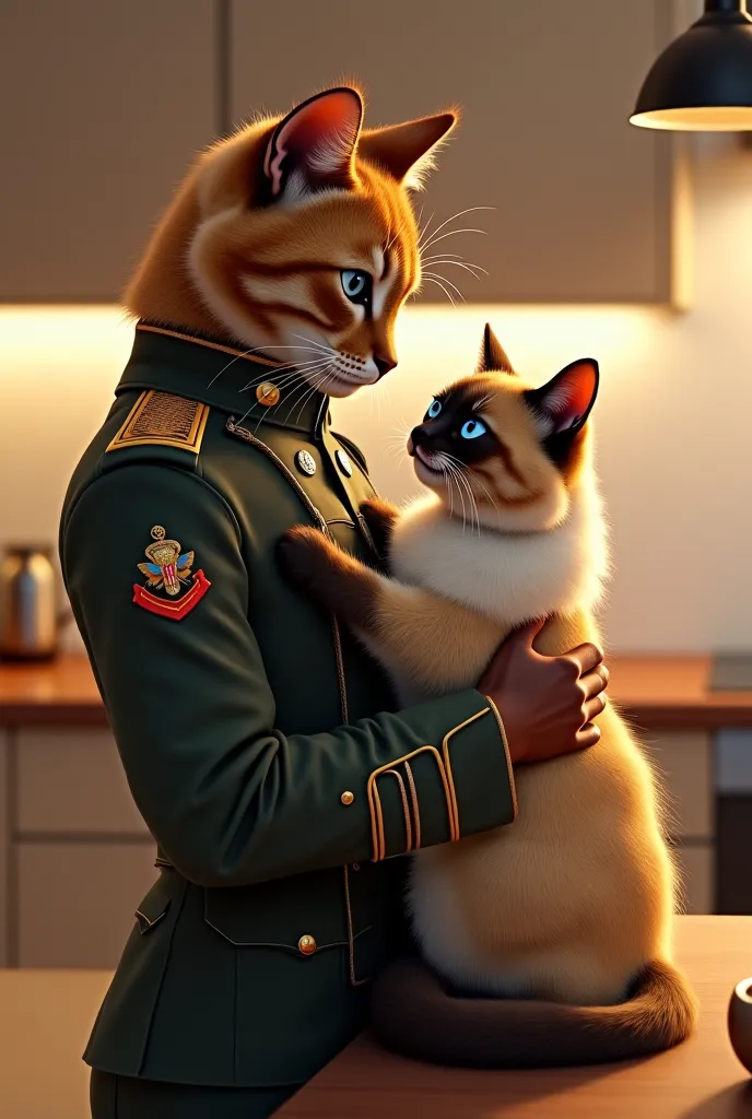 A romantic scene between two anthropomorphic cats in a modern and cozy kitchen. The male cat has short fur, appearing as a refined and handsome feline with expressive and elegant feline features. He is wearing an authentic French Army military uniform, com...