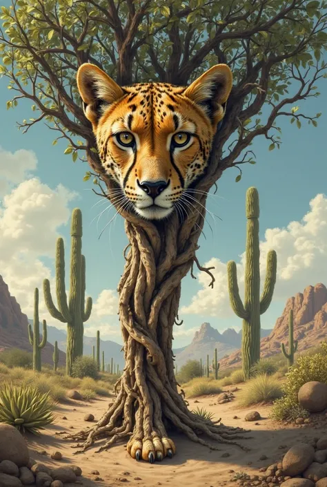 a cheetah face with one foot as a male humain hairy leg and foot, and a tree as hair with s desert with cactuces as a backround