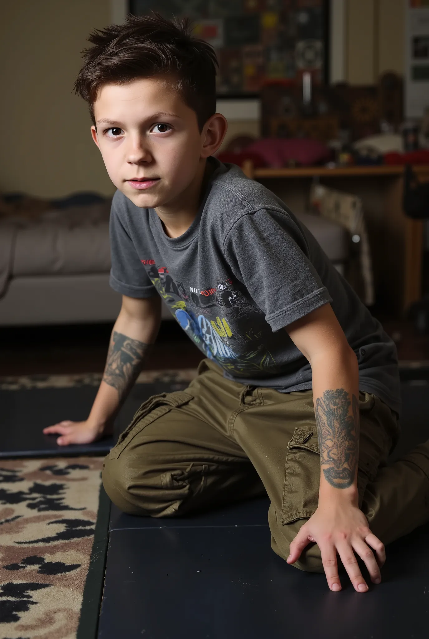 (((SPIKED HAIR, TATOO))), , boy on FLOOR, FULL BODY, (((CAMERA VIEW FROM FAR))), , , YOUNG BOY, , , ,, soft front right and left studio lighting, bright photo, ultra sharp focus, highly detailed, intricate detailed,,
