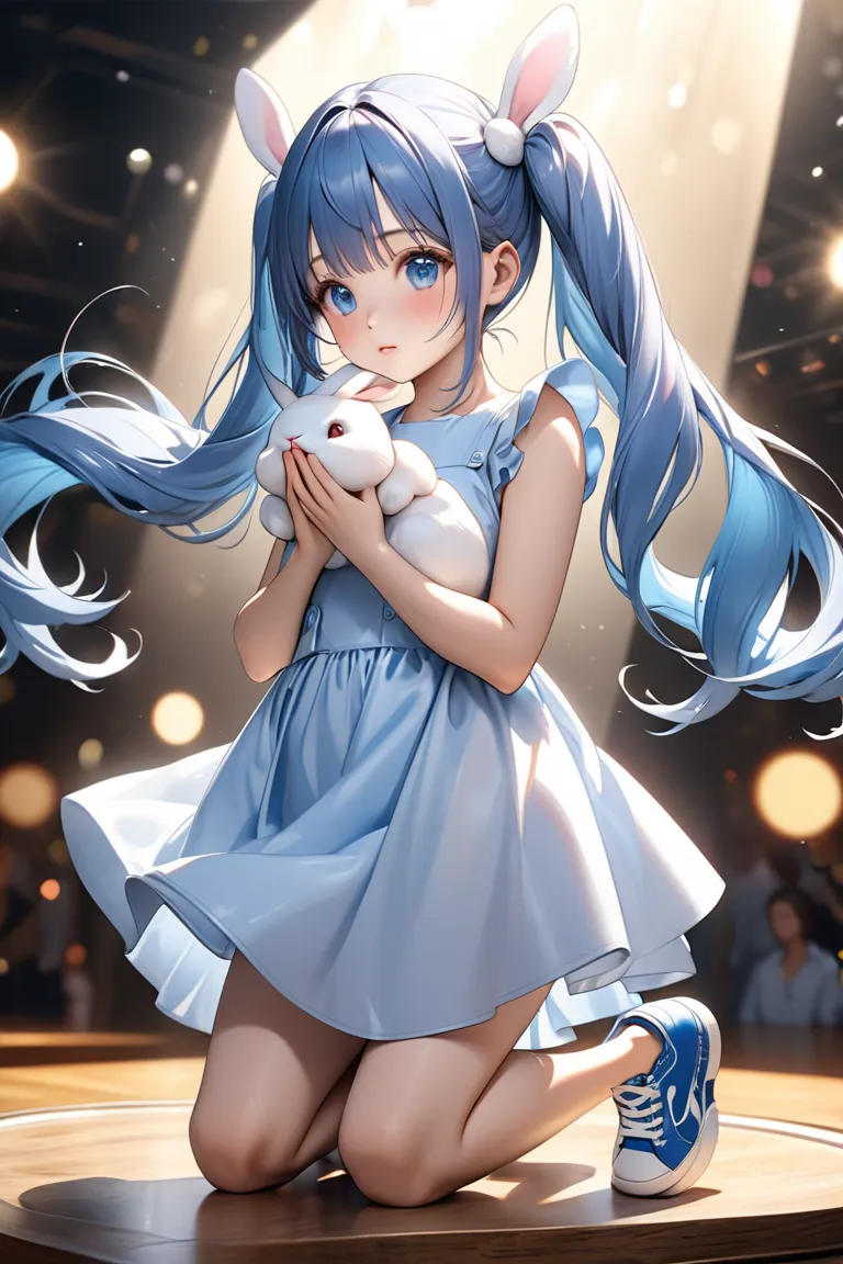 High quality precision op art、A beautiful girl with blue hair and twin tails、 blue eyes、Cute white and light blue dress、Light blue high top sneakers、White rabbit nearby、Raising her hands and gazing at the sky、Anatomically accurate human body and rabbit des...