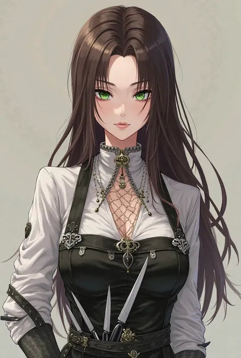 Women's Boku No Hero version with a slim build and a height of 1.72 m, with long straight dark brown hair,  that falls in soft waves .  His skin is pale and almost translucent , and her emerald green eyes reflect a cold and calculating look. wears elegant,...