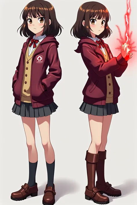 Girl with anime style from My Hero Academia wearing a school outfit, medium brown hair with orange,  dark brown eyes, white skin / yellow,  medium body ,  serious expression, then another one where she is wearing a wine-colored superhero costume, with red ...