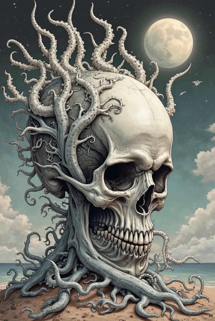 an intricate and surreal illustration of a highly detailed, organic skull with elaborate, coral-like structures and tendrils, set against a dramatic sky background. The artwork has a haunting, otherworldly aesthetic, with intricate textures and a sense of ...