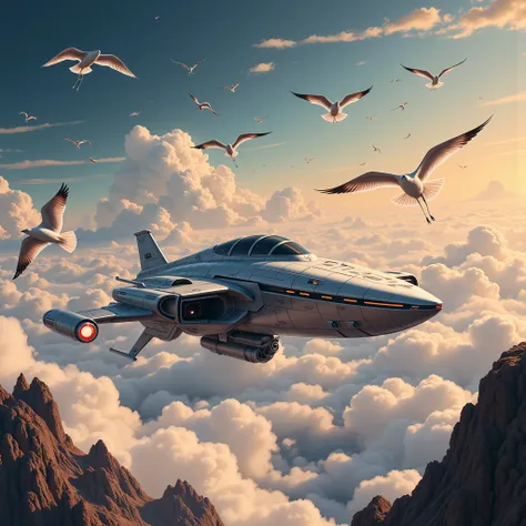 spaceship poster closeup with flying birds, 1980s Heavy Metal Album Art,   peaceful atmosphere  , 1 9 8 0 s sci - fi Cover art,   creation cinematic  , 1988 vinyl cover, Cover art,  Asia, power metal album cover, metal album Cover art