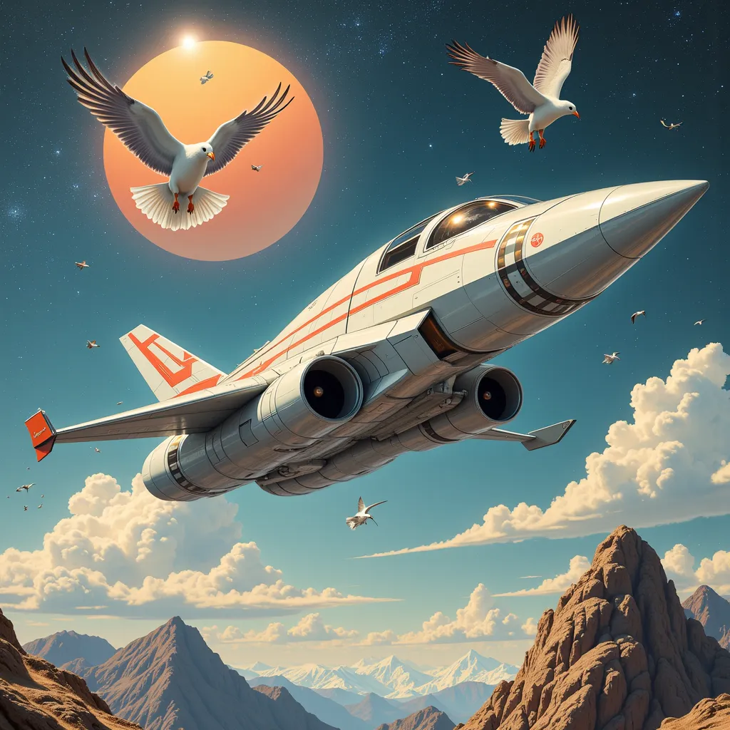 spaceship poster closeup with flying birds, 1980s Heavy Metal Album Art,   peaceful atmosphere  , 1 9 8 0 s sci - fi Cover art,   creation cinematic  , 1988 vinyl cover, Cover art,  Asia, power metal album cover, metal album Cover art