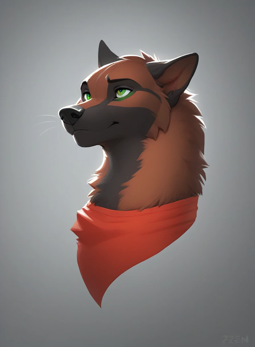 HD 4k, score_9, score_8, by zaush, Alone, brown wolf, with a long and fluffy tail, With green eyes , with a red shirt, orange pants, on a gray background,