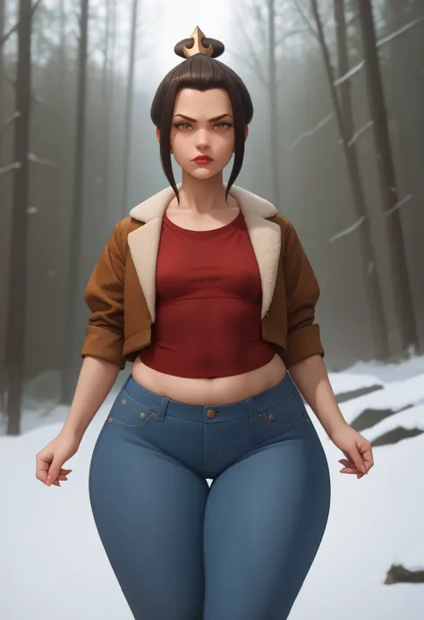 Azula, amber eyes. wavy dark brown hair strands above her shoulders. small breasts. huge hips. chubby. |  looking at viewer, red lips, cowboy shot, trimmed jacket, jeans. shirt. pawg, nose. snow forest