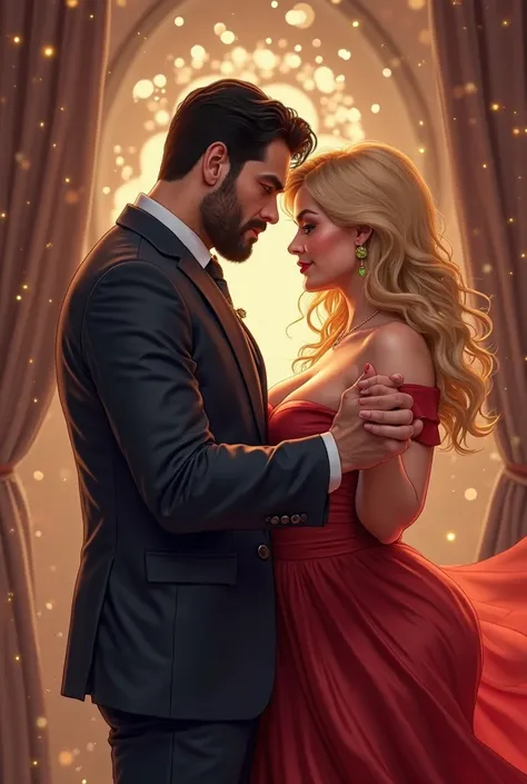  Create a beautiful romance book cover , dancing,  cartoon.  A handsome man , Tall and strong,  wearing a dark suit , short black hair, low beard, olhos blues, blues, Henry Cavill,  is ahead , Lens In the foreground, looking forward. right behind, A beauti...