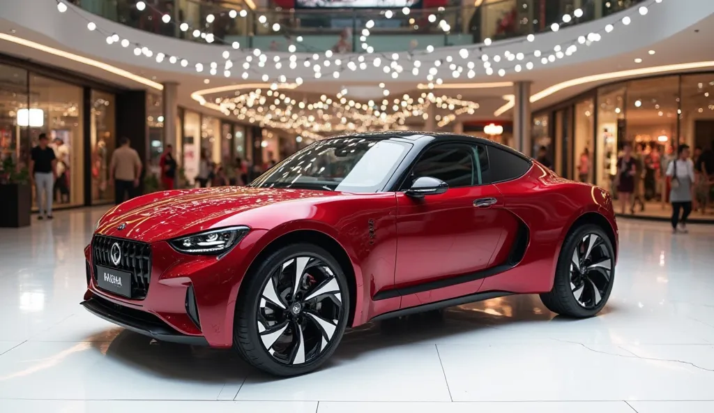 A photo of the front porch view of a Red 2025 seven seeter three wheeler  auto Raksha with a sleek, full modified, modern design. The  is Raksha parked on a white surface. The background is a shopping mall with white lights. The photo reveals the luxurious...