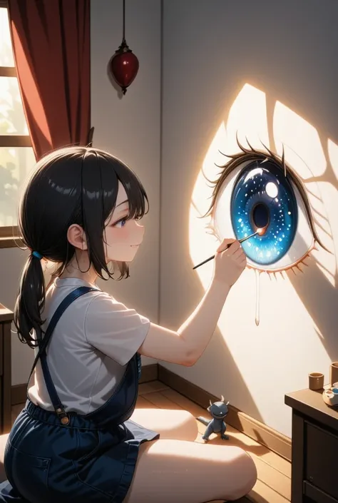 The girl is happily drawing realistic dragon eyes on the wall。A small stuffed dragon is placed on the girl's side。