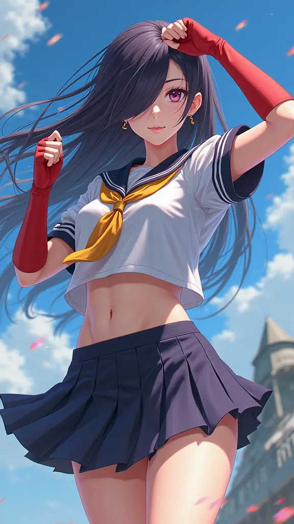 kanu,dark purple hair, hair over one eye, very long hair,school uniform,ultra miniskirt,red fingerless gloves, midriff,navel, loose socks, pleated skirt, yellow neckerchief, earrings, loafers,large breasts,perfect hands, perfect finger,perfect anatomy, mas...