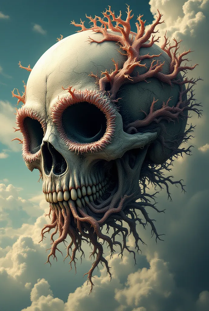 an intricate and surreal illustration of a highly detailed, organic skull with elaborate, coral-like structures and tendrils, set against a dramatic sky background. The artwork has a haunting, otherworldly aesthetic, with intricate textures and a sense of ...