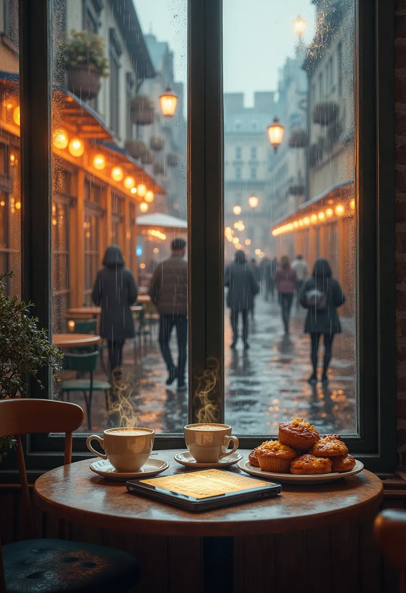 Two cups of hot coffee and a plate of muffin and cakes parts on a wooden table next to a window , an IPad  with an E-book visible on its screen, people walking on a rainy day in a city with vintage buildings. droplets formed from condensation which are ref...