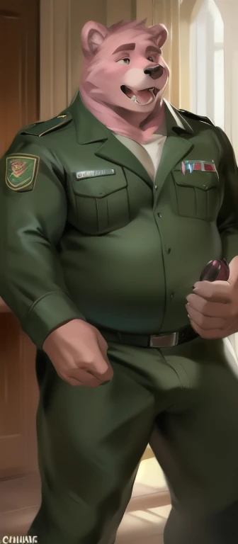 Alone, tall male ,model, big body,standing, Catching the reproductive organs, and masturbation., Den, Pink Bear, Black and Green Military Uniform, Overweight, Muscle, Sexual​ Emotions​ happy​, by chunie