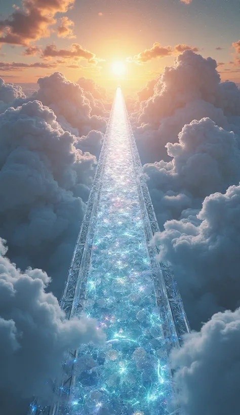 A heavenly bridge made of crystalline light, that connects the clouds to a shining horizon, while a choir of angels sings in the distance."