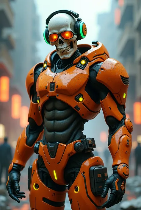 Create a high-tech, full-body undead character with smooth, futuristic orange armor. The armor should feature glowing orange accents, advanced tech panels, and a grenade launcher integrated into the shoulder or forearm. In addition to the grenade launcher,...