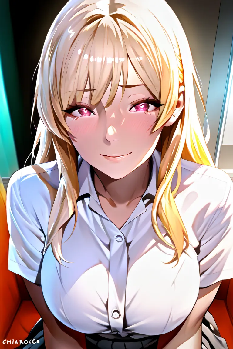 NSFW、Beautiful Girl、 Blonde High School Girl、big breasts、white shirt、black pleated skirt、Smelly feet、((your feet、Feet in front of nose))、(( smell your own feet))、masturbates