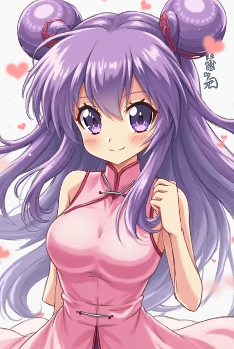 An illustration of Shampoo the female character of ranma 1/2, chinesse pink clothes, purple long abundant hair two hair bun, too big eyes and manga style