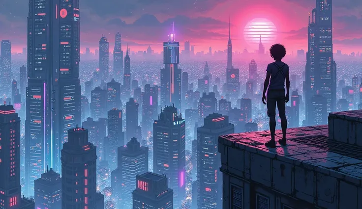 A futuristic, pixelated, 8-bit cityscape at night, illuminated by neon lights in shades of blue, purple, and pink. A determined figure stands on the edge of a rooftop, looking over the vast skyline, symbolizing perseverance and resilience.