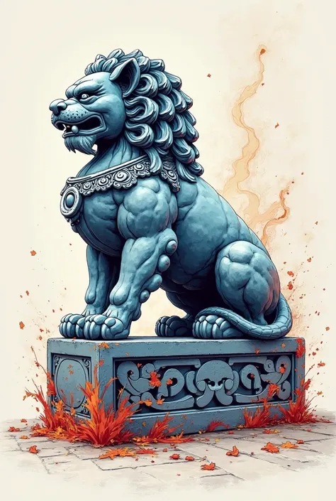 Create a drawing of a Shishi (Stone lion) with a bluish profile with red or orange well colored in illustration style,  profile face. The drawing must be manual style as if it were drawn by a person