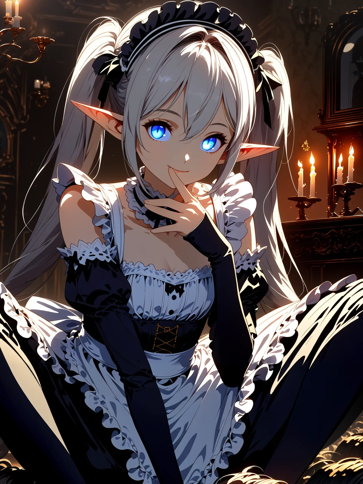  ((super high definition,  8K product)), aesthetics, volume lighting, 
break, 
high detail (Elf), (1 girl:1.2), perfect face, Double Pigtails,  brant bang, (hair between eyes),  white hair, Blue Eyes, pink, light smile, 
break,
portrait,  French Maid in Fr...