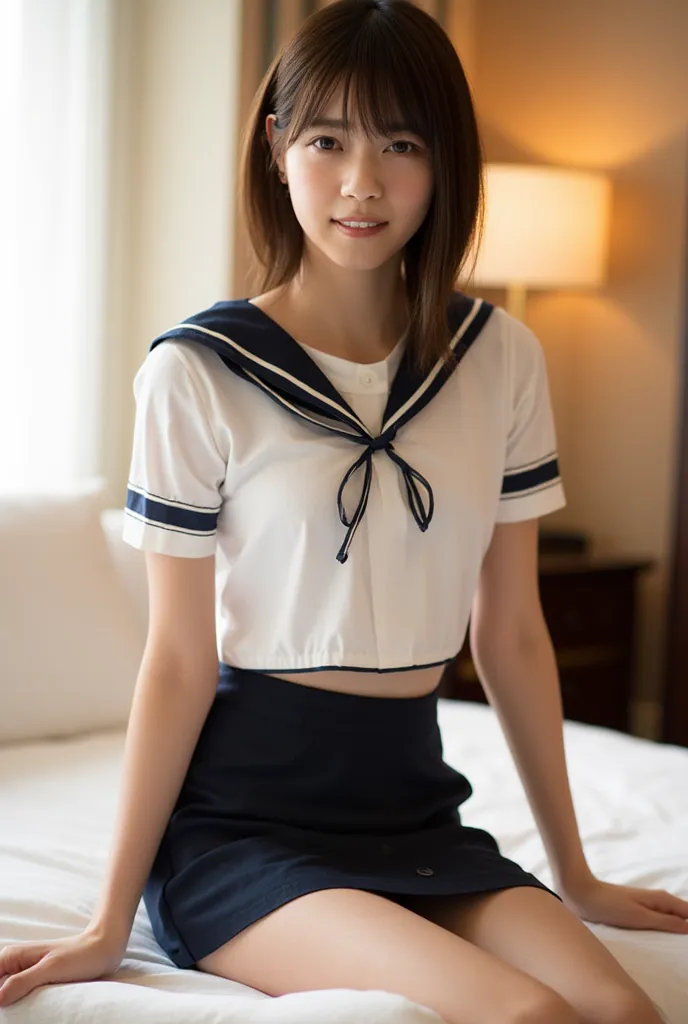 (Masterpiece, Best quality:1.4), (Ultra realistic, Photo-realistic:1.3), (nsfw), from below, (Wearing Sailor suit, White short sleeve:1.2), (Dark navy skirt:1.2), (Wearing white sock), (medium breasts), Natural light, 20 years old actor, Japanese woman, Ne...