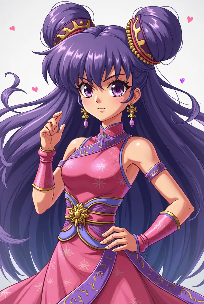 An illustration of Shampoo the female character of ranma 1/2, chinesse pink clothes, purple long abundant hair two hair bun