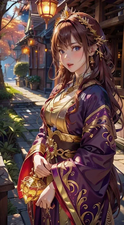 a beautiful fantasy princess with long flowing auburn hair, wearing an elegant dark purple and gold outfit adorned with gemstones, standing in a magic 4K,8K,high resolution,masterpiece,ultra-detailed,realistic,photorealistic,photo-realistic,HDR,UHD,studio ...