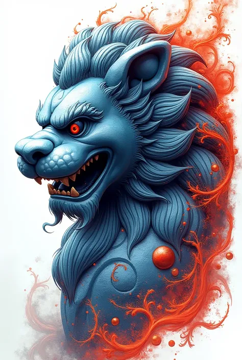 Create a drawing of a Shishi (Stone lion) with a bluish profile with red or orange well colored in illustration style,  profile face. The drawing must be manual style as if it were drawn by a person. The illustration has to be only of the face and have ple...