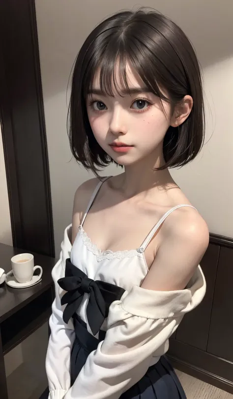 (masterpiece, Highest quality:1.4), 8k, 85mm, official art, is ridiculous, ( down blouse that shifts the chest:1.2), (from above:1.1), The Fragility of Life,  cute face , beautiful eyes, camisole, upper body, viewers next to him, short hair, bangs, small h...