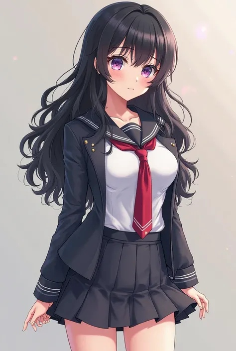 Get a beautiful sexy anime girl, be very tall and have great bone age, let the hair be lush and long and wavy,  hair black, eyes purple,Get a short skirt under the school uniform clothes, let the chest be large, Let your body be in the shape of a size c, 