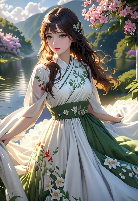 (8k, RAW photo, best quality, masterpiece:1.2), (realistic, photo-realistic:1.37),1 girl,  dress, green eye, long hair, super detailed cloth, beautiful decoration on  dress,