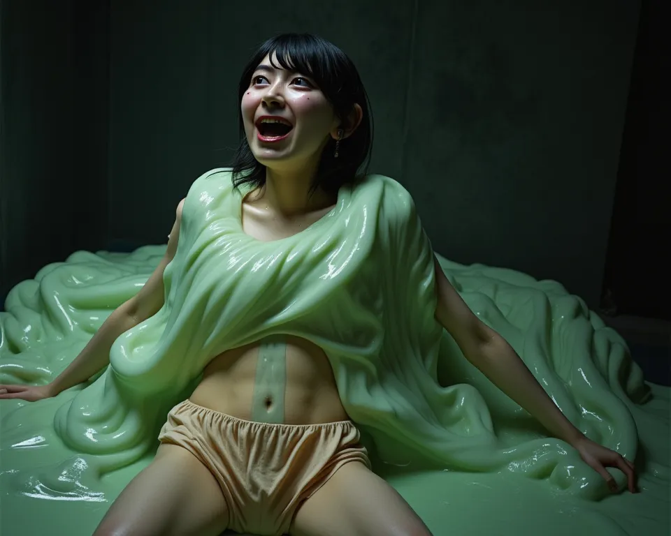 Japanese woman in underwear being eaten by giant slime。
 she is screaming in so much pain。
She has wide open thighs。
Slime is slurping her 。
実写風
tearsを流しながら助けを求めている
号泣，tears