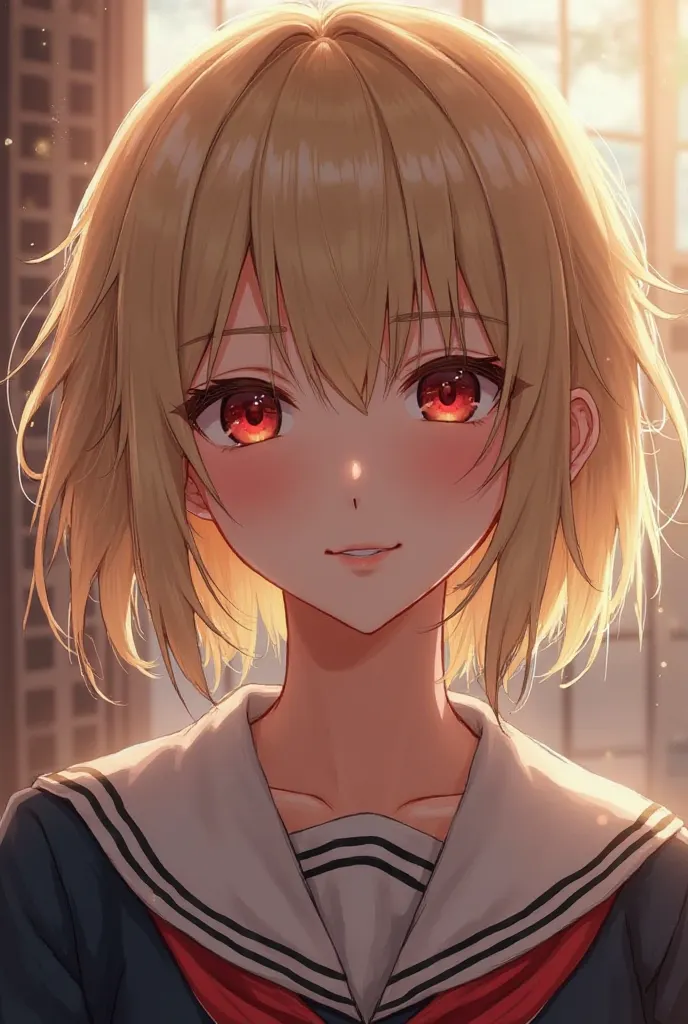 Female character with light blond hair with deep red slanted eyes, a thin nose, a small mouth who is smiling and wears a UA high school uniform