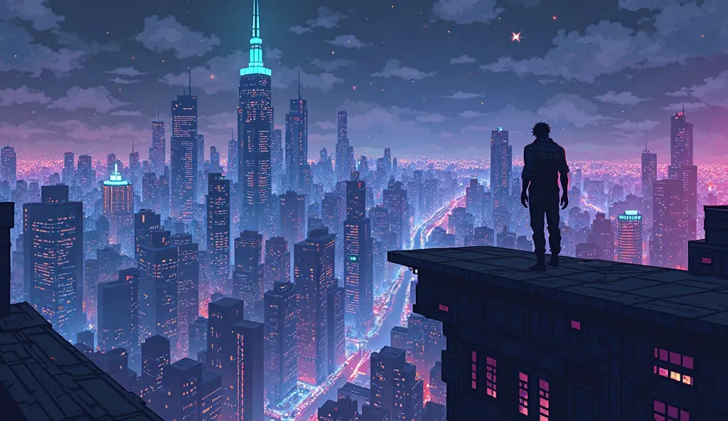 A pixelated, 8-bit cityscape at night, illuminated by neon lights in shades of blue, purple, and pink. A determined figure stands on the edge of a rooftop, looking over the vast skyline, symbolizing perseverance and resilience.