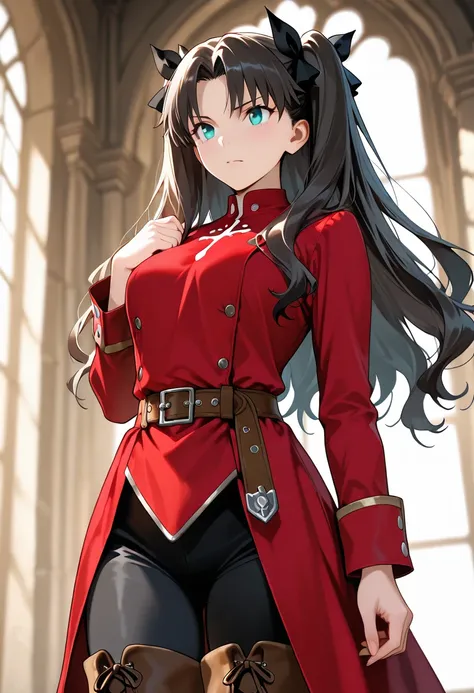 rin tohsaka, aqua eyes, long hair, black hair, hair ribbon, long hair, ribbon, sidelocks, two side up, parted bangs, in a castle, solo, RPG style, red tunic, medieval tunic, brown belt, black pants, black thigh pants, brown boots, brown thigh boots, outfit...