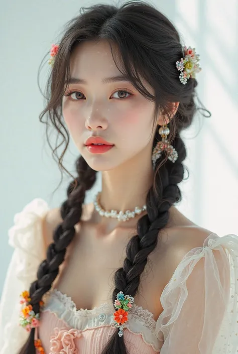   of a female K-Pop idol  , long dark hair ,  Braids using colorful ornaments with vintage clothes , white background 