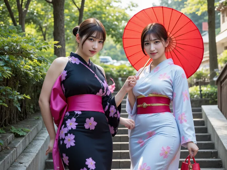 two young women wearing traditional Japanese kimonos, standing on a stone staircase against a backdrop of shady green trees. The woman on the left is wearing a black kimono with purple and pink cherry blossom motifs, combined with bright pink obi (belt) br...