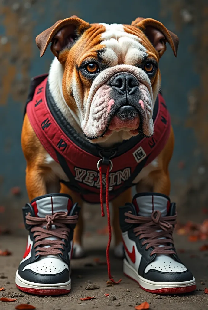 Create a bulldog from a Jordan shoe that says Yekim in the middle 